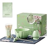 Matcha Whisk Set of 8 - HTRCXB Ceramic Matcha Set, Include Matcha Bowl, Matcha Whisk and Holder, Bamboo Scoop, Measuring Spoon, Scoop Rest, Sifter and Tea Towel - Matcha Kit Gift for Matcha Lovers