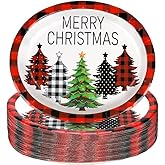 AcpopbM 50 Count Christmas Oval Paper Plates, 10" x 12.5" Large Disposable Gingham and Buffalo Plaid Christmas Tree Plates for Xmas Party Supplies