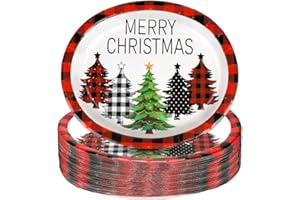50-Pack Christmas Oval Paper Plates, 10" x 12.5" Large Disposable Buffalo Check Christmas Party Supplies with Festive Tree De