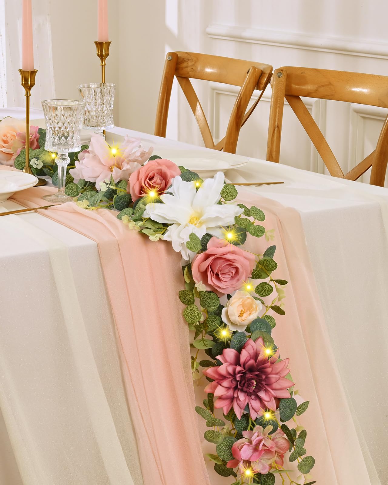 Photo 1 of Waipfaru Artificial Flower Garland with Lights, 6.07Ft Lighted Eucalyptus Greenery Garland, Pink Rose Floral Vines for Wedding Table Runner Centerpieces Backdrop Decor