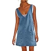 PLNOTME Womens Sleeveless Denim Overall Dress V Neck Summer Mini Jean Dress with Pockets