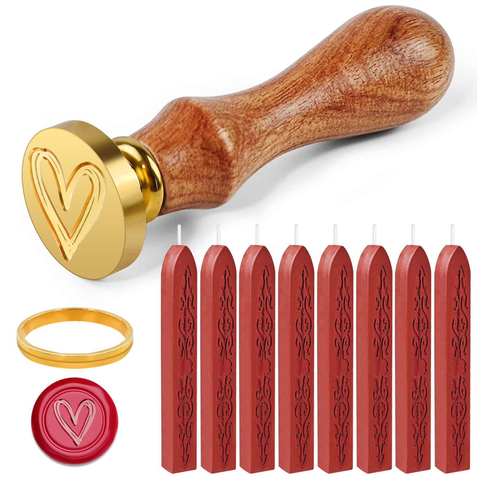 Furuising 8Pcs Red Sealing Wax Sticks, Wax Seal Stick with Wicks, Wax Seal Stamp Kit with Heart Stamp, Metal Molds for Wedding, Envelopes, Gift Packages