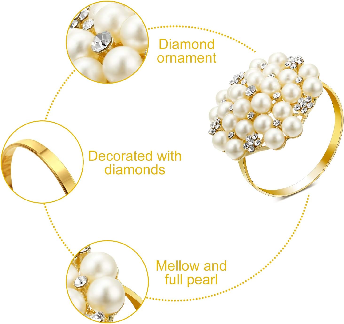 Pearls Napkin Rings Set of 12 Pearls Round Flower Napkin Buckles Rhinestone Napkin Holders for Wedding Banquet Home Party Kitchen Decorations Dining Table Linen Accessories (Gold): Home & Kitchen