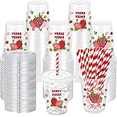 ZCPTZ 50 Pcs Strawberry Plastic Cups with Lids and Straws, 12 oz Strawberry Disposable Party Drinking Cups for Summer Spring Party Birthday Baby Shower Supplies