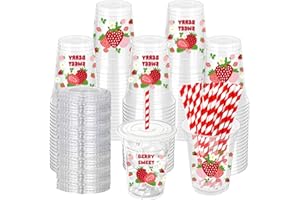 ZCPTZ 50 Pcs Strawberry Plastic Cups with Lids and Straws, 12 oz Strawberry Disposable Cups Pink Clear Strawberry Party Drink