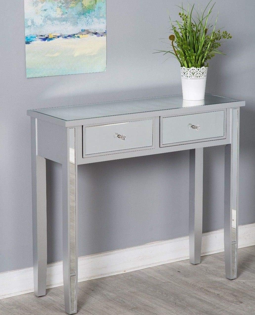 Furnituremaxi Modern Mirrored 2-Drawer Console Hallway Side Table Silver Glass Furniture, Classical