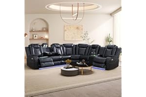 Evedy Living Room Furniture Set,Recliner Sectional Sofa with LED Light Strip&Center Console,Manual Reclining Couches with Cup Holder and Storage,Faux Leather Couch Home Theater Seating-Black