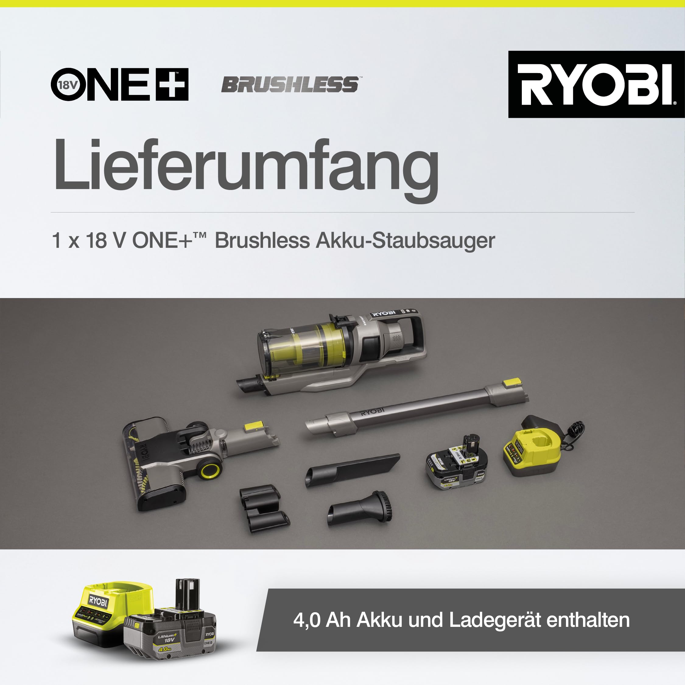 RYOBI 18 V ONE+ Brushless Akku-Staubsauger RSVS18BL-1C40G, 90 AW Saugleistung, bürstenloser Motor, Dual-Zyklon-Filtration, HEPA-Filter, LED-Düse, inkl. 4,0 Ah Akku und 2,0 A Ladegerät, Anthrazit 6