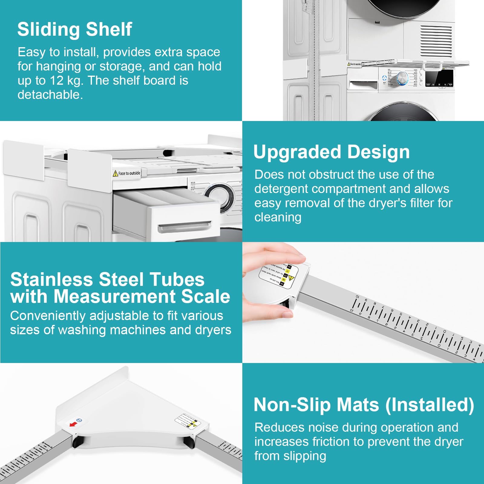 NIUXX Zwischenbaurahmen trockner waschmaschine, Verbindungsrahmen Waschmaschine Trockner Universell, Stapelset mit Abnehmbares Regalbrett für alle Marken mit Breite von 53-68cm, weiß 7
