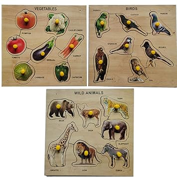 Wissen Wooden Set of Vegetable, Birds and Animals Learning Puzzle Pack of 3