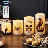 Bigmeta Halloween Flameless Candles Decorations Indoor with Timer, 4 Sizes | Bigmeta Crow/Skulls/Spider Webs/Graveyard Battery Operated LED Candles Flickering, Halloween Home Mantel Table Horror Decor