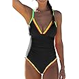 popvil Women One Piece Swimsuit Tummy Control Bathing Suit Neon Color Block Swim Suits Slimming Cute Tie Back Swimwear