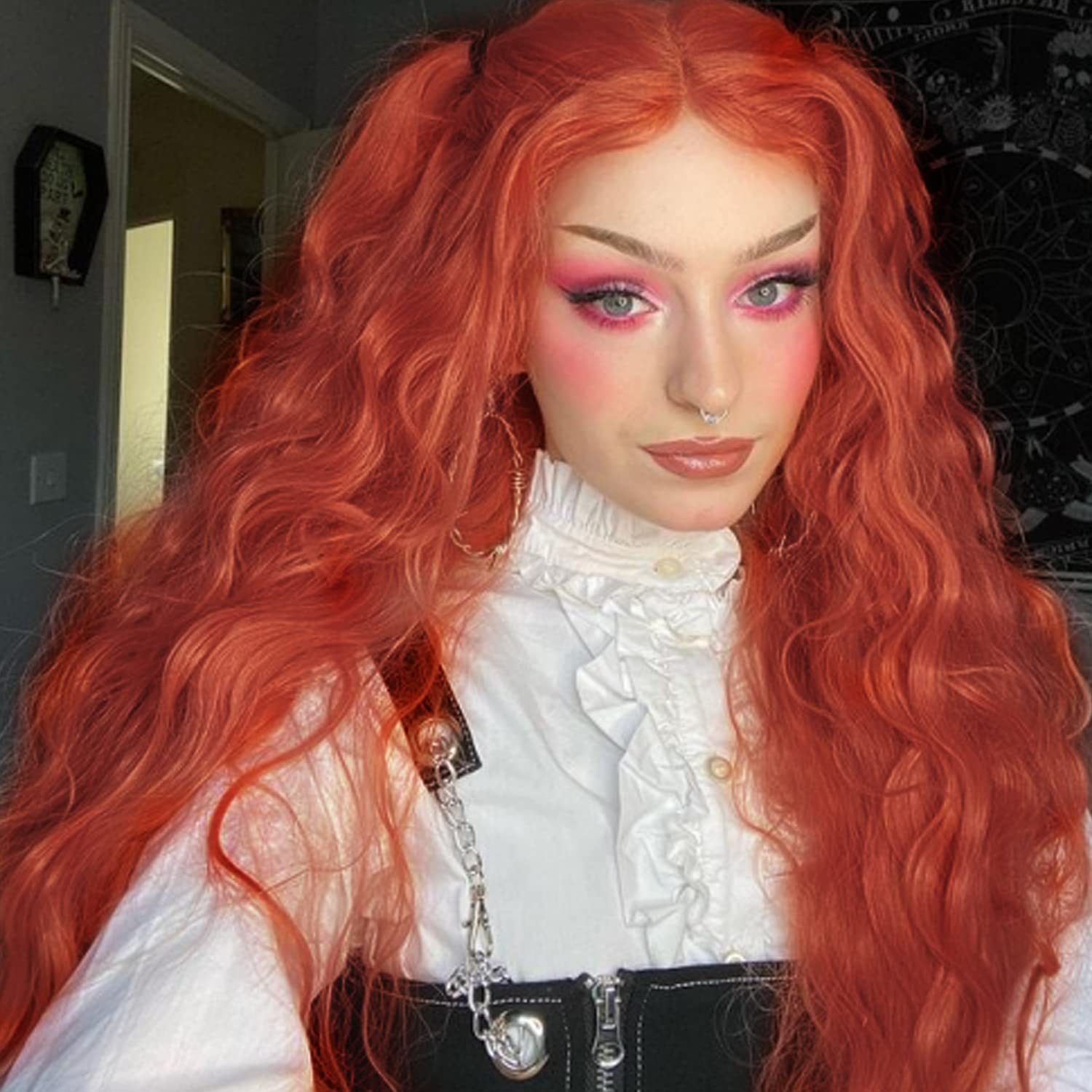 karissa Hair Realistic Auburn Wavy Wigs Long Lace Front Wigs for Women Deep Curly Beauty Loose Wave Free Part 180% Density Synthetic Gold Orange Wigs Heat Resistant Fiber Hair Cosplay Party Daily, 24