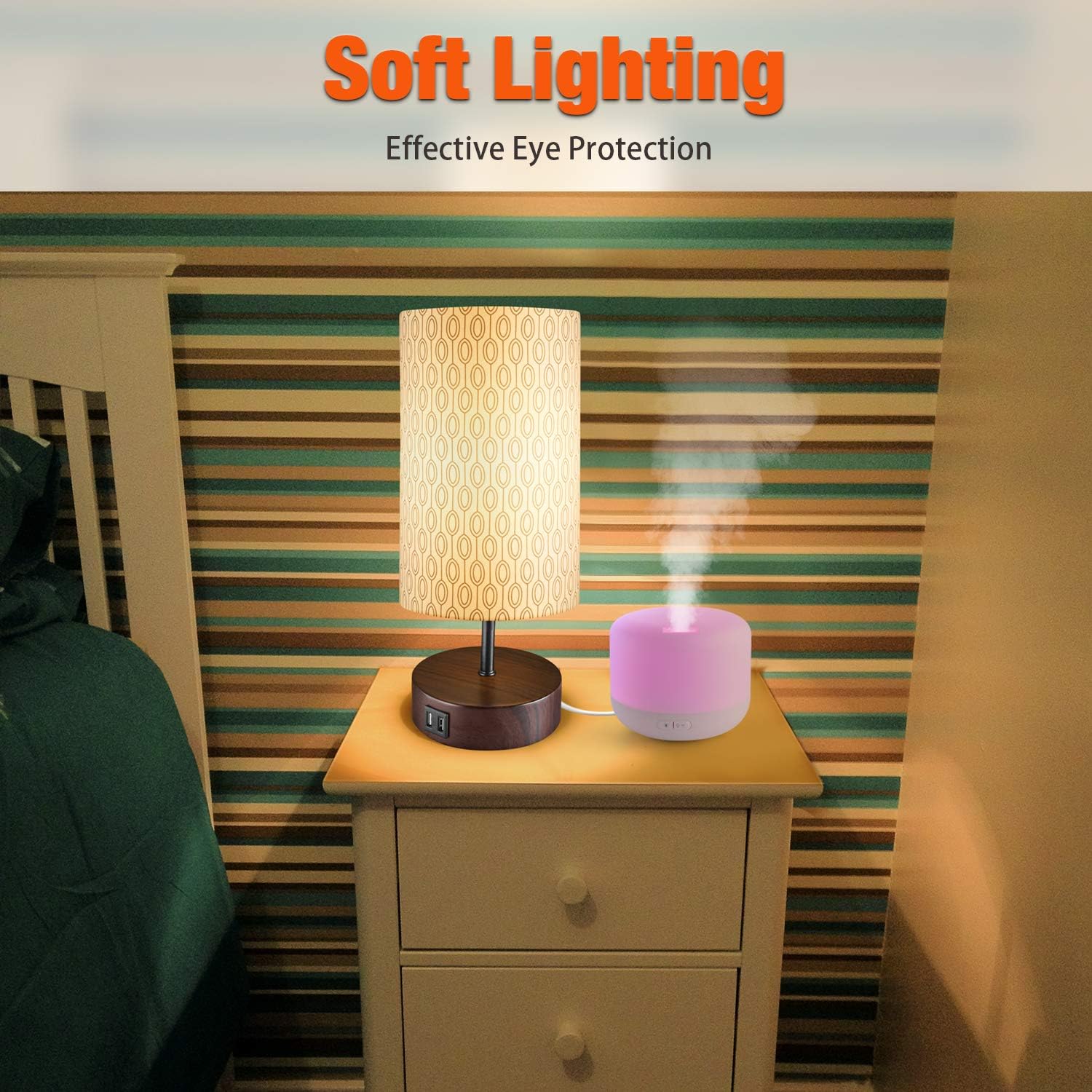 With 2 Usb Charging Ports 3 Way Touch Control Dimmable Table Lamp Modern Nightstand Lamps Suitable For Bedroom Living Room Office 100 W Equivalent Vintage Led Bulb Included Fabric Round Lampshade Tools