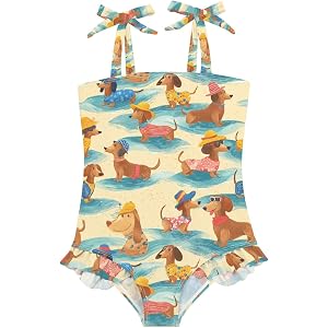 Zwlttyd Fun Dachshund Toddler Swimsuit Girls Swimwear Bow Straps Ruffle Sling Adjustable One Piece Bathing Suits