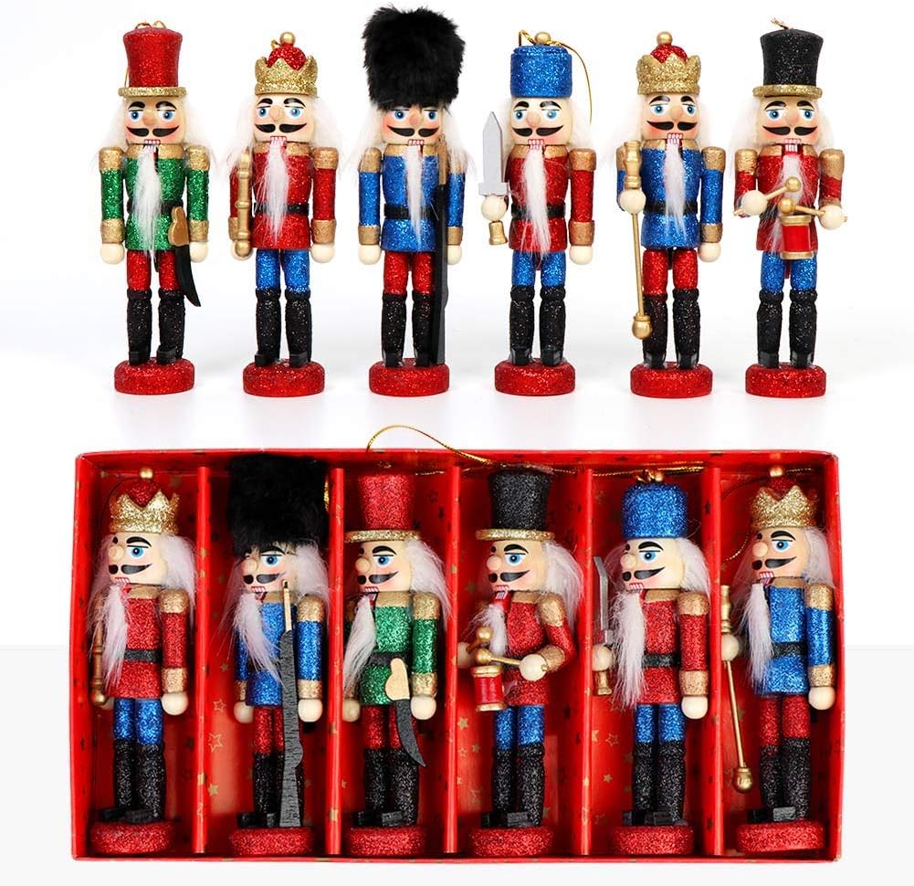 OurWarm 6pcs Glittery Nutcrackers Ornaments, Nutcracker Figures with Opening Mouths Christmas Decorations for Xmas Tree, Table Decor