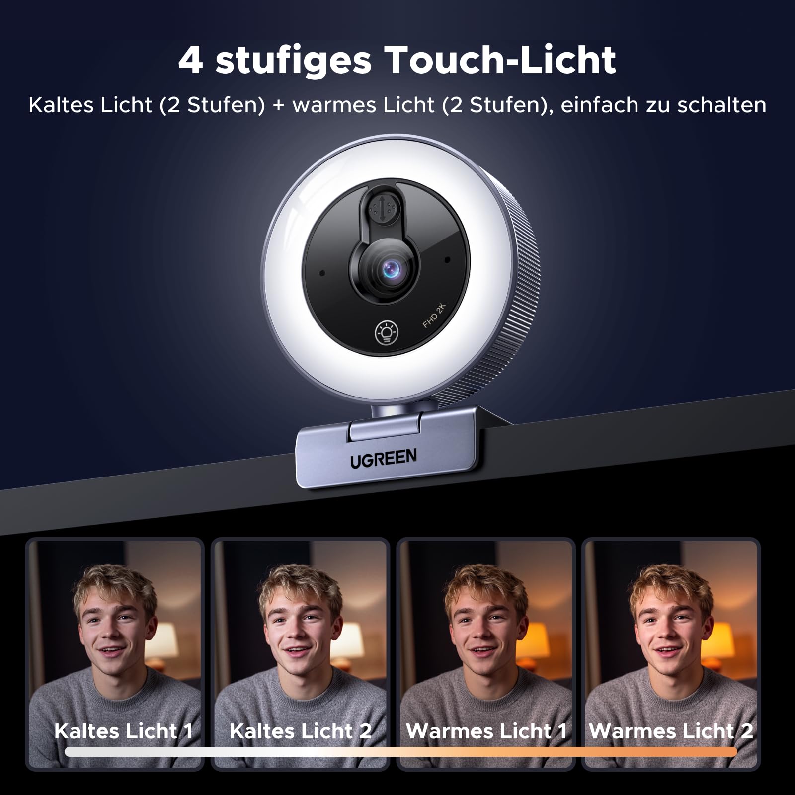 UGREEN FineCam Lite 2K Webcam mit Ringlicht PC Kamera mit mikrofon Streaming Kamera mit Abdeckung Fixfokus 4 Fülllichtstufen 80°FOV USB-A/C Anschluss Kompatibel mit PC/Laptop/Windows/Mac/Linux/Skype 2