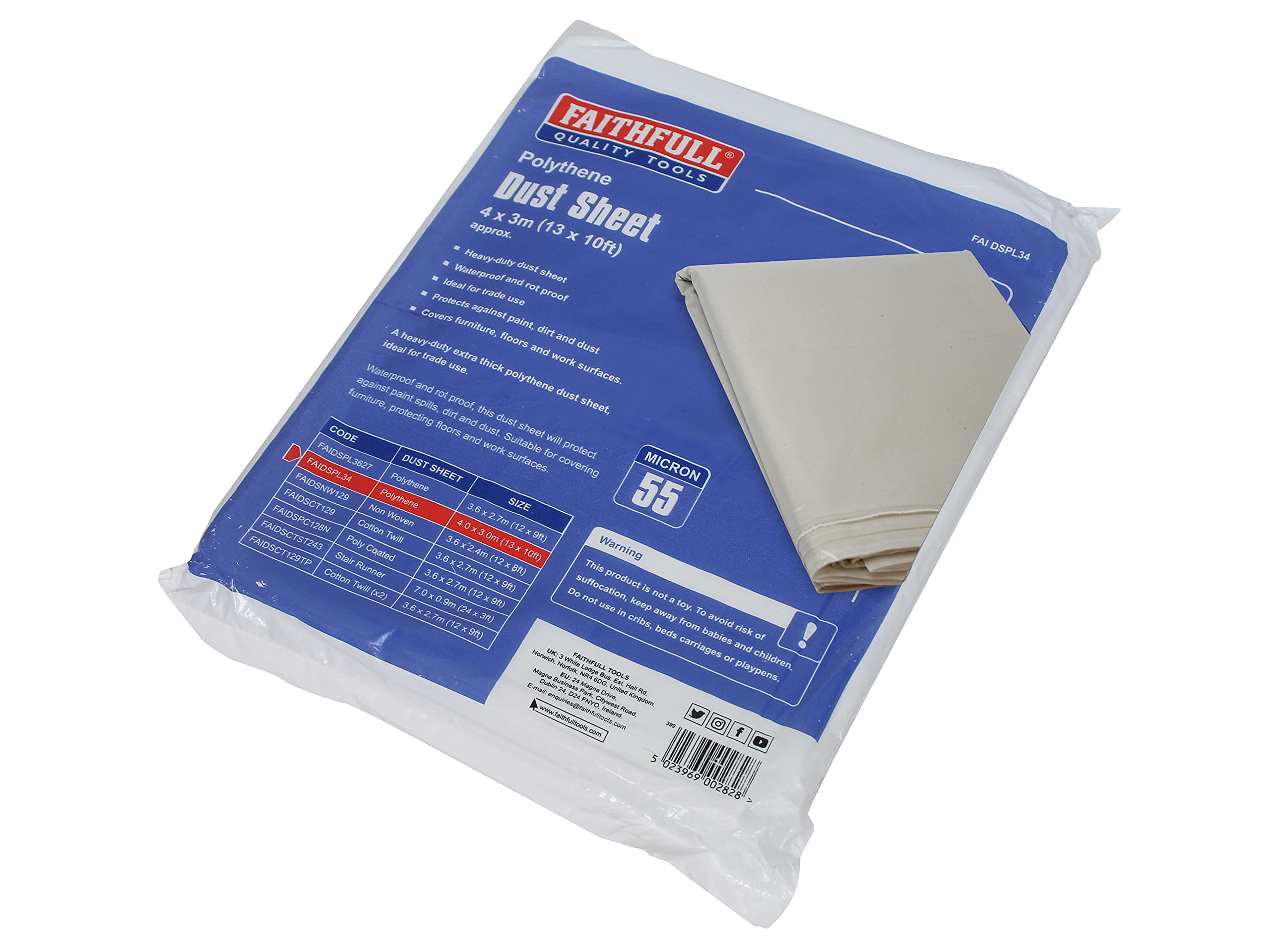 Faithfull Polythene Dust Sheet 4m x 3m (13ft x 10ft) – Heavy-Duty 55 Micron Waterproof & Rot Proof Dust Cover, Floor & Furniture Protection for Painting & Decorating — image 1