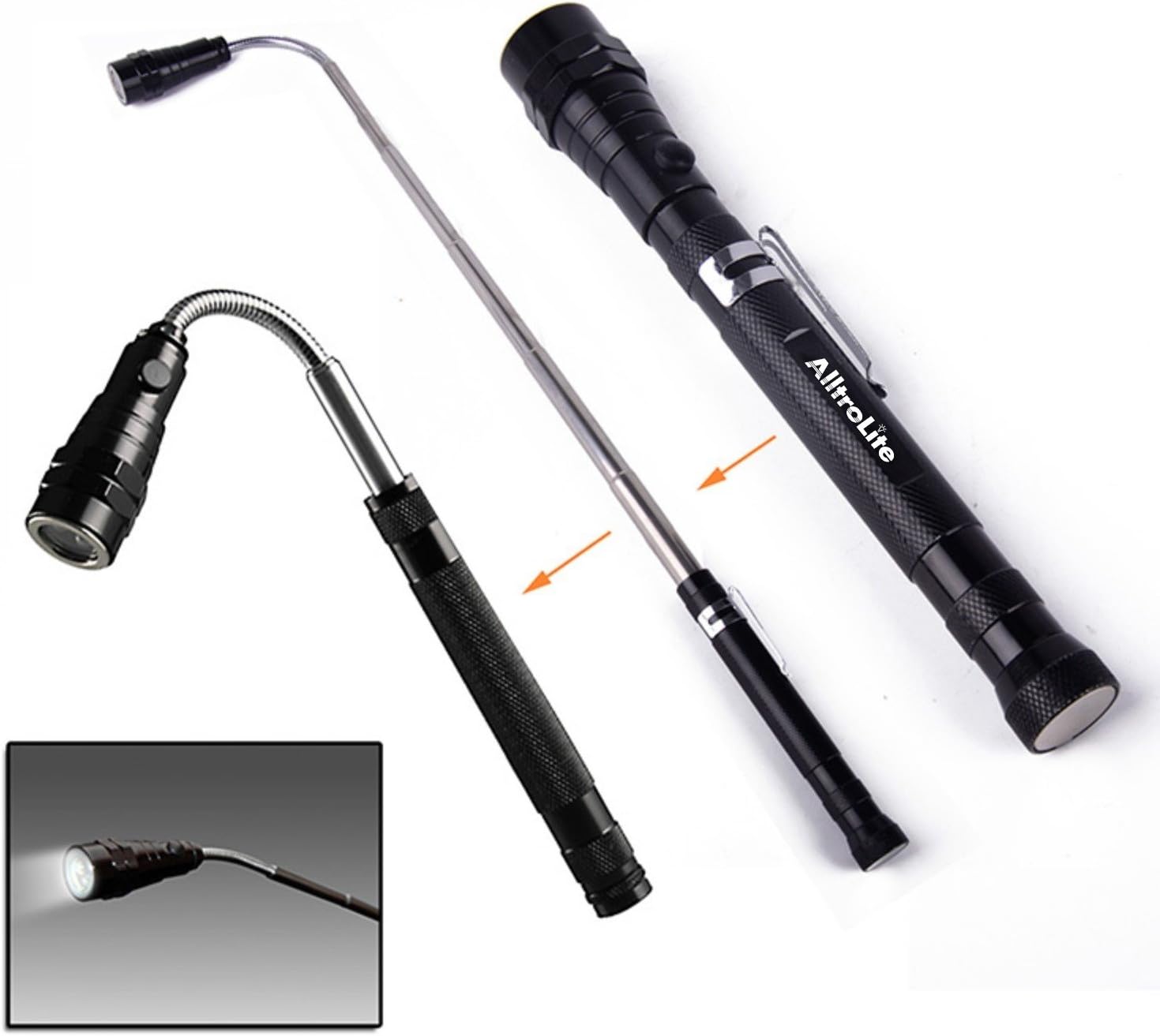 AlltroLite Portable LED Telescopic Flexible Extendable Led Flashlight Torch Magnetic Head Pick Up Tool Flash Light Lamp 8 x LR44 Batteries (Included)