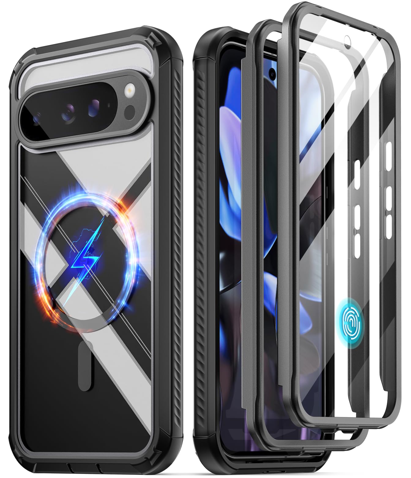 Poetic Guardian MagPro Case for Google Pixel 9 Pro XL 5G, [Compatible with MagSafe & Fingerprint ID], [2 Front Frame] Full-Body Shockproof Clear Cover with Built-in Screen Protector, Black/Clear