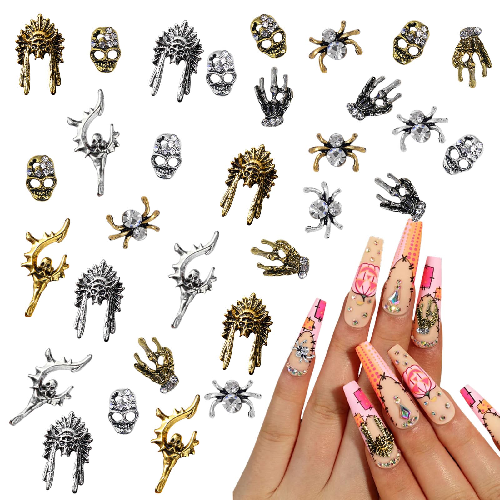 3D Halloween Nail Charms, 30 Pcs Retro Ghost Spider Skull Metal Nail Art Charms Gold Siliver Skeleton Nail Gems Rhinestones Nail Accessories for Nail Decorations DIY Crafts (Gold+Siliver A)