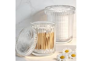 2 Pack Glass Qtip Holder Dispenser Set - Bathroom Organizer for Cotton Swabs, Balls, Pads, Floss Picks - Clear Apothecary Jar
