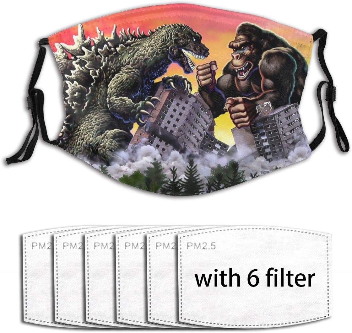 Kawaii Mouth Guard with Replaceable PM2.5 Activated Carbon Cover for Farmer Hiking Volleyball Washable Reusable Breathing Guard, Giant Monsters Dinosaur King Kong Vs. Godzilla - 6 Filters : Sports & Outdoors