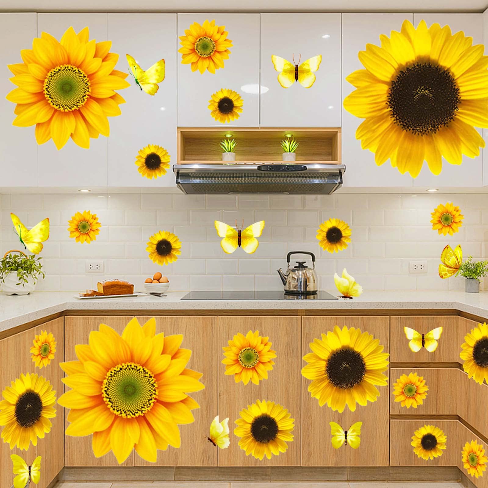 Photo 1 of 54 Pcs 3D Sunflowers and Butterfly Wall Stickers Decor - Large Sunflower Wall Decals Peel and Stick Yellow Flowers Stickers for Home Kitchen Bedroom Bathroom Living Room Decorations
