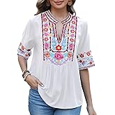 AK Women's Summer V Neck Boho Embroidered Mexican Shirts Short Sleeve Casual Tops Blouse