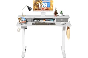 Sweetcrispy Electric Standing Desk Adjustable Height with Drawers, 48 x 24 inch Stand up Sit to Stand Desk, Ergonomic Home Office Computer Gaming Work Motorized Rising Desk with Storage Shelf, White