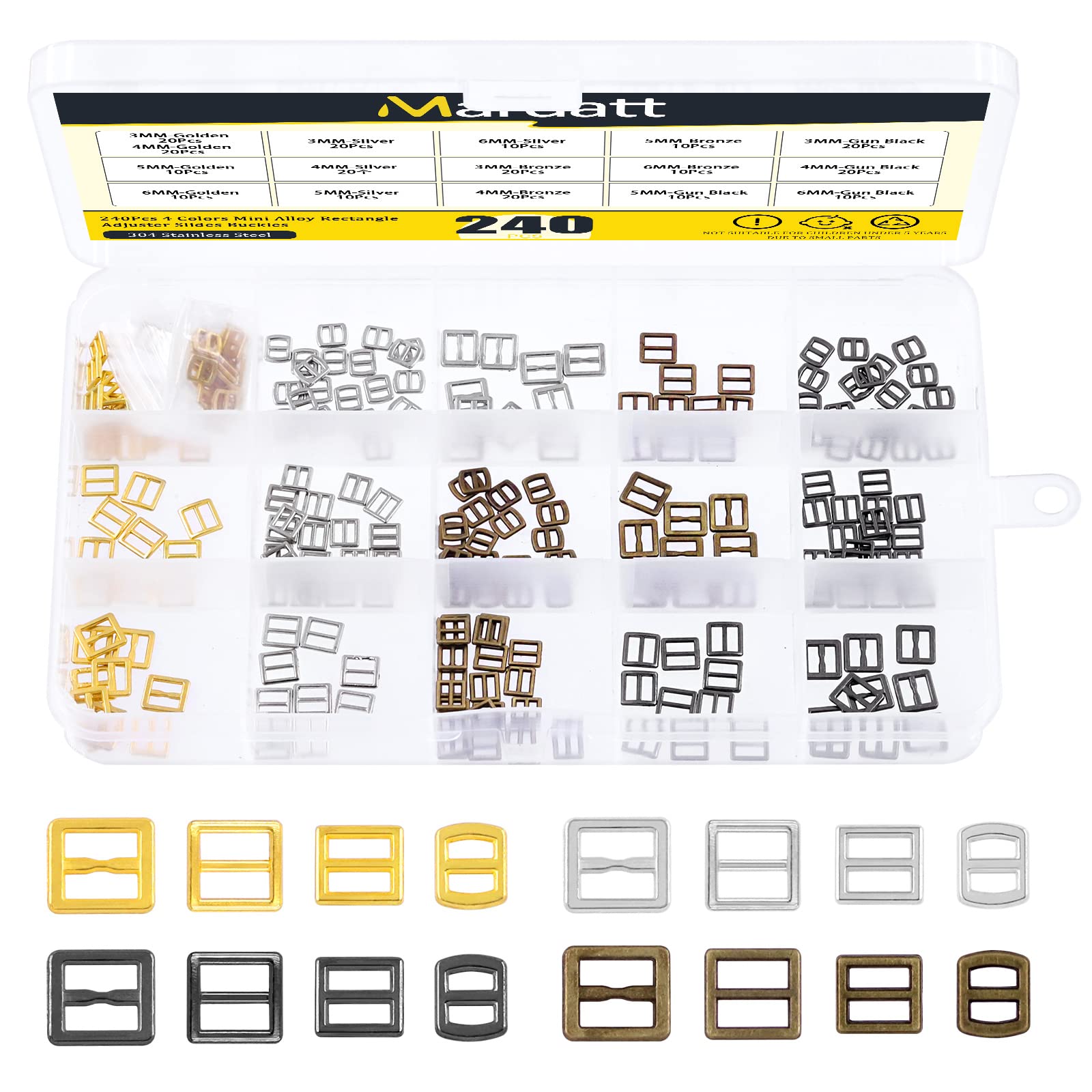 Mardatt 240 Pcs 4 Color Alloy Mini Slide Buckle Assortment Set 3mm 4mm 5mm 6mm Tri-Glide Rectangle Adjuster Hardware Clasp Belt Fasteners for Dolls Clothing Backpack Straps Shoes