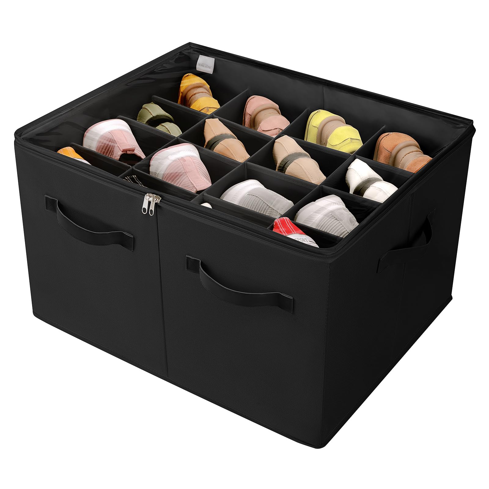 Photo 1 of TOPIA HOME Shoe Organizer for Closet, Foldable Shoe Box with Adjustable Dividers and Clear Cover, Space Saving Shoe Storage Organizer Cabinet with Reinforced Handles, Fits 16 Pairs, Black, TP09B