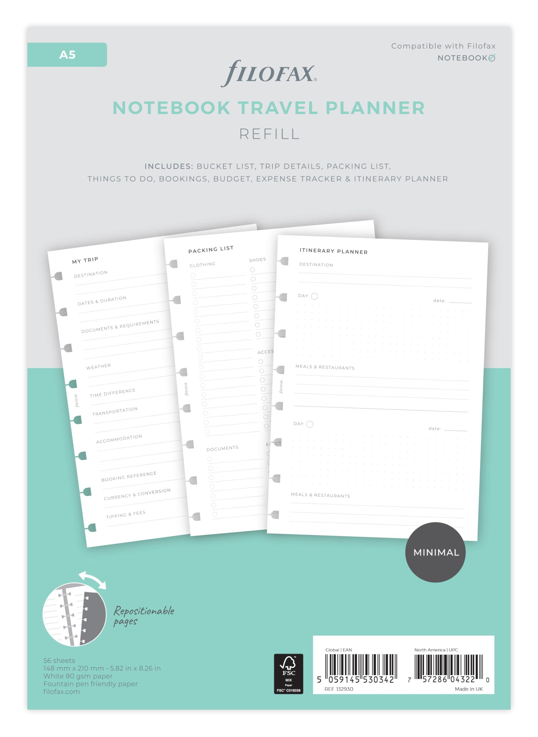 Filofax A5 Travel Planner refillable Notebook Refill