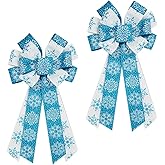 ALIBBON 2 Pcs Large Christmas Bows for Wreaths, Christmas Wreath Bows, Glitter Blue White Snowflake Bow for Front Door Christmas Decor Tree Topper Bow for Indoor Outdoor Decorations