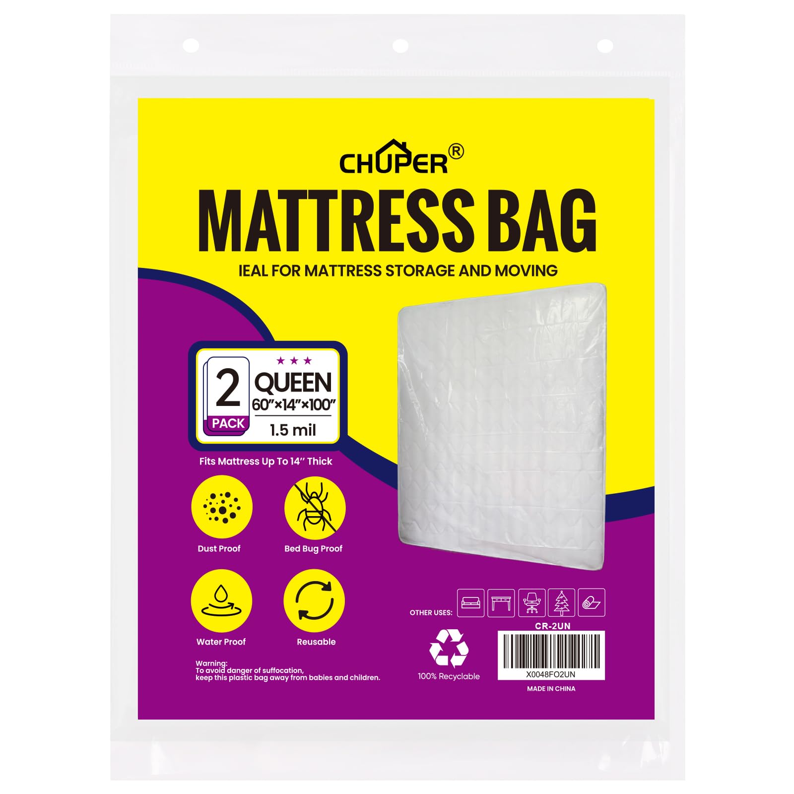 CHUPER 2 PK Queen Mattress Bags for Moving, Storage & Disposal, Waterproof Clear Plastic Mattress Cover for Moving