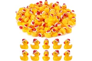 Guiqulai 100 Pcs Christmas Mini Ducks Tiny Ducks with Santa Hats Mini Resin Animals to Hide Mini Figures for Christmas Party 