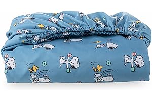 Berkshire Blanket Peanuts® Fitted Sheet Queen Size, Cute Character Snoopy Microfiber Sheet with Deep Pocket, Soft and Breathable, Snoopy's Morning Coffee Small Blue