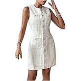 SOLY HUX Women's Plaid Tweed Dress Button Down Crew Neck Sleeveless Work Office Mini Dresses