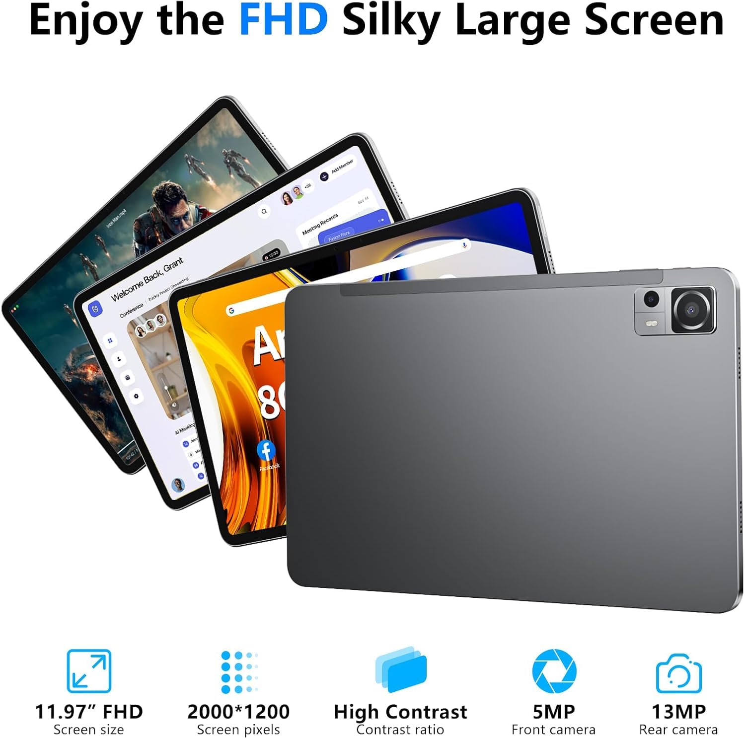 Android Tablet 12 Inch with 8GB RAM 256GB ROM, Octa-Core 2.0Ghz Processor, 2000 * 1200 FHD IPS Touch Screen, 5MP+13MP Dual Camera, 8000mAh Battery, 2K Android 13 Tablet, 5G WiFi, Bluetooth 5.0,GPS