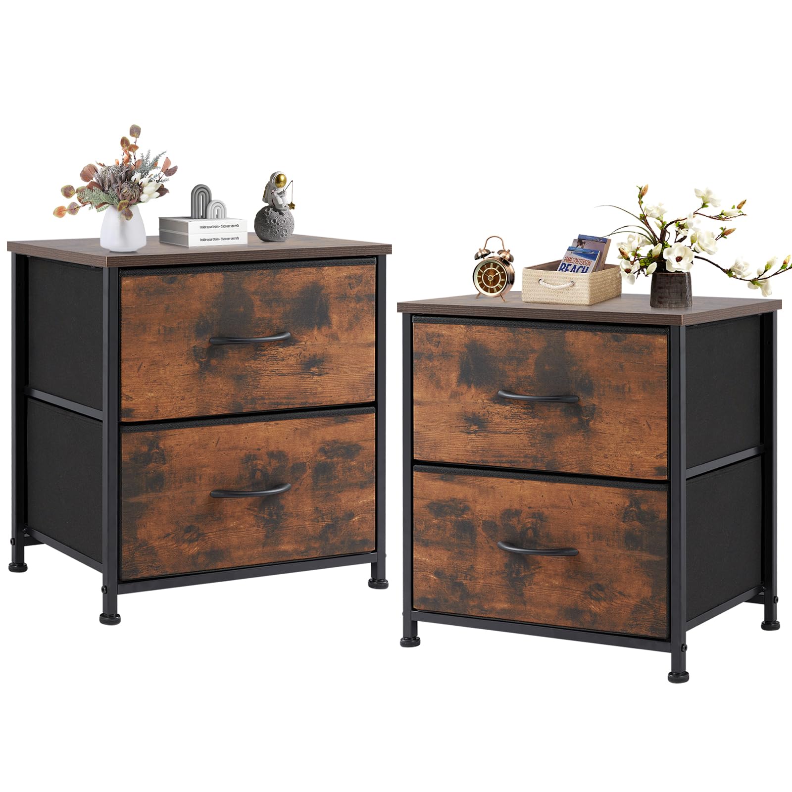 DUMOS Small NightStand Set of 2 Fabric Drawer Dressers Short Bedside Tables for Room Organization Closet College Dorm Entry Storage 20 Inch Height Furniture,Brown Image