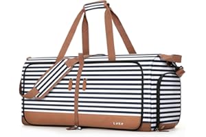 Lekesky Foldable Travel Duffle Bag for Women, 80L Large Duffel Bag with Separate Shoes Compartments & Straps, Carry On Weekend Bag for Women, Hospital, Overnight (Blue Stripes)