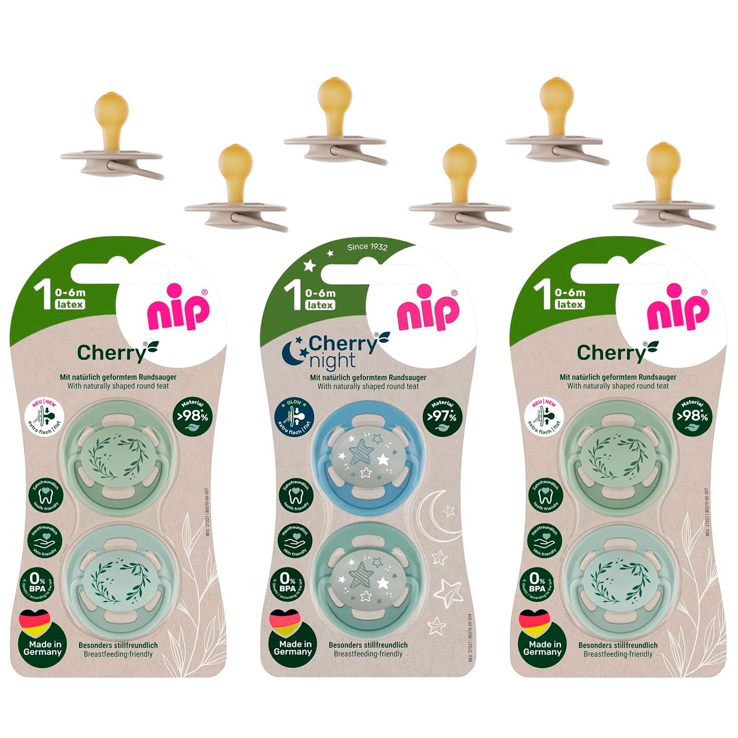 nip® Eco Dummy Cherry Green Soother Size 1 from Birth, Multi-Pack for Girls, Pack of 6, 94% Renewable raw Materials