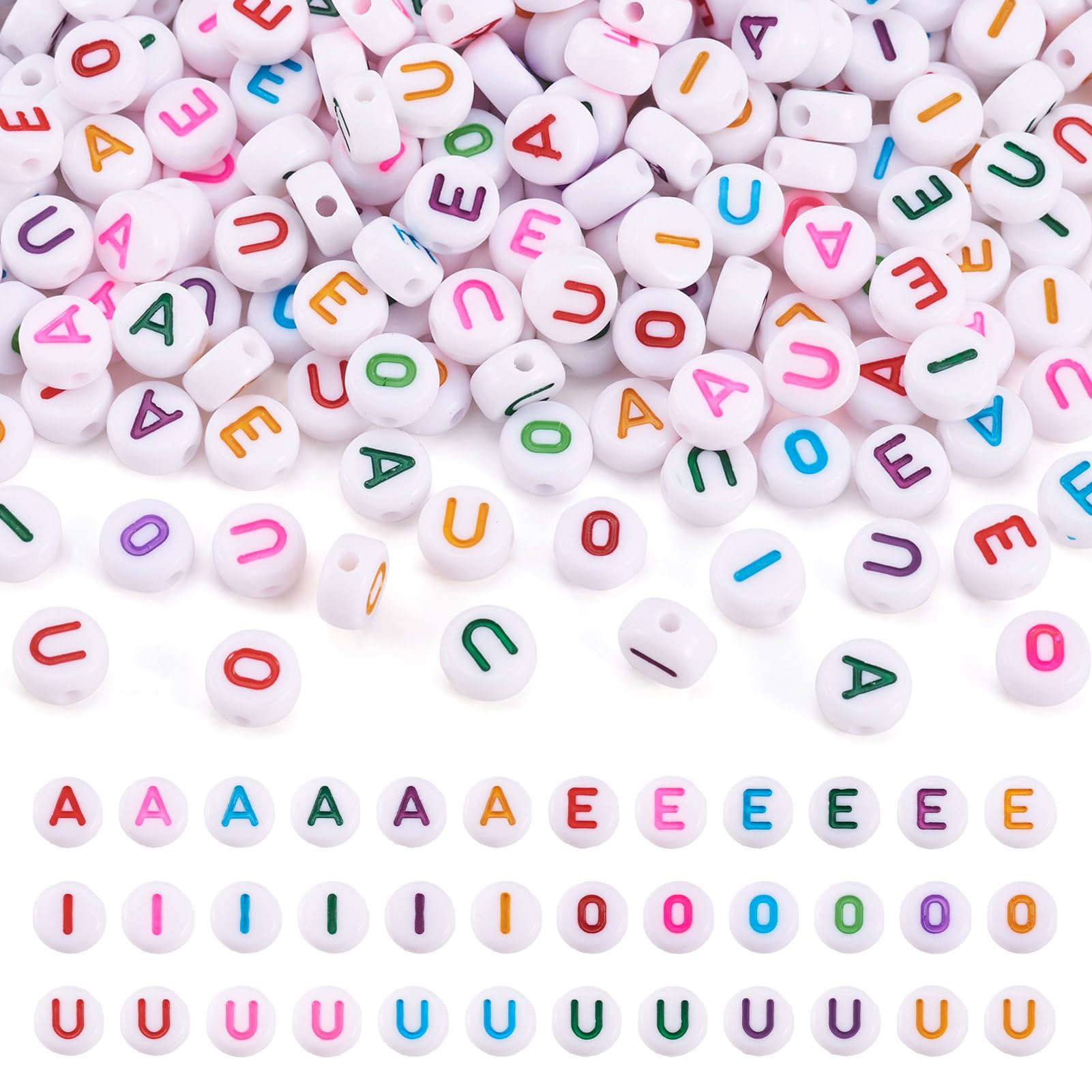 PandaHall 500pcs Acrylic Flat Round Alphabet Beads 7mm White Vowel Letters Spacer Loose Beads with Letter A E I O U for Jewelry Making