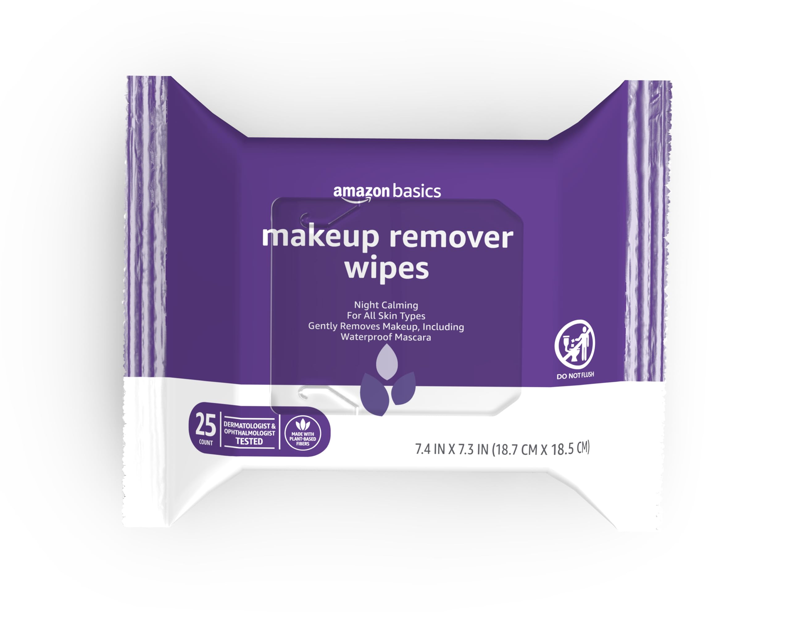 Amazon Basics Makeup Remover Wipes, Night Calming, Gentle Cleansing, Plant Based, Alcohol-Free, Removes Waterproof Mascara, Dermatologist Tested, 25 Count, 1-Pack