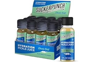 Suckerpunch Electrolyte Pickle Juice Shot, Leg and Muscle Cramp Relief, Sports Drink, Low Calorie, Gluten Free, Post Workout, Hydration, Potassium, Keto Friendly, Non GMO, Spicy Dill, 2oz, 12ct
