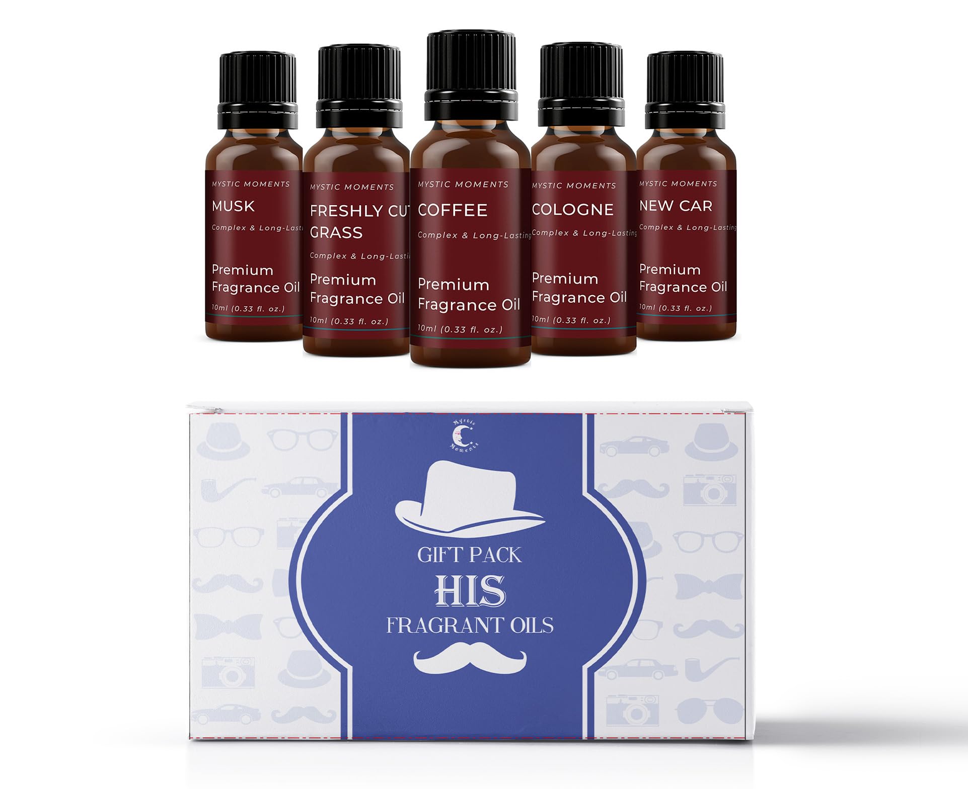 Mystic Moments | HIS Fragrant Oils Gift Starter Pack | 5 x 10ml | Coffee, Cologne, Freshly Cut Grass, Musk, New Car | Rich Long-Lasting Scents