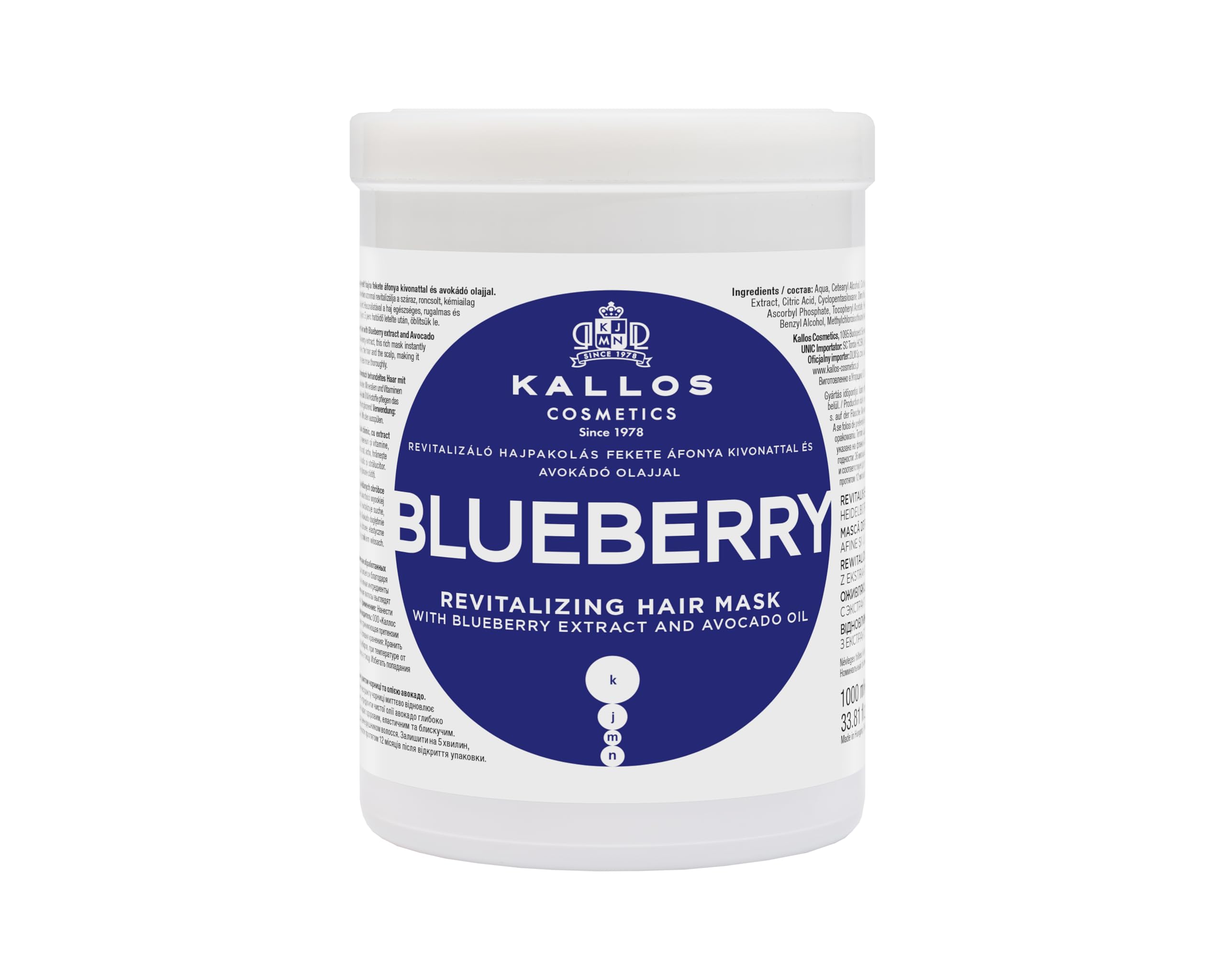 Kallos Cosmetics KJMN Blueberry Extract Revitalising Hair Mask, for Dry, Damaged and Chemically Treated Hair, Deeply Hydrates, Nourishes the Scalp, Enhances Shine and Texture with Avocado Oil 1L