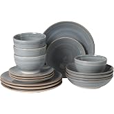 Gibson Home Stonebury 16 Piece Plates and Bowls Blue Dishes - Handpainted Stoneware Dinnerware Set - Service for 4