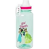 Silver Buffalo Disney Princess “Girl Power” Twist Spout Plastic Water Bottle with Sticker Set Featuring Tiana, Mulan, and Jasmine, 32 Ounces