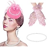 Juinipe 3 Pieces Fascinator Hat for Women Tea Party Derby Hat with Veil Feather Funeral Headpiece Lace Gloves Pearl Necklace (Pink)
